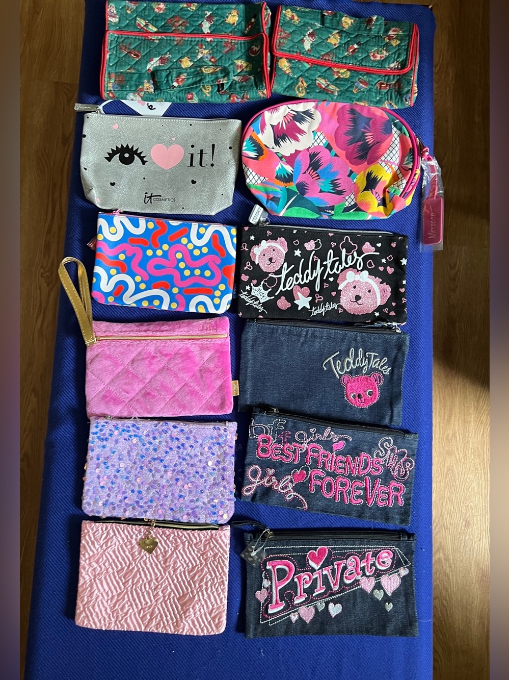 Assorted cosmetic bags, makeup pouches, and travel organizers